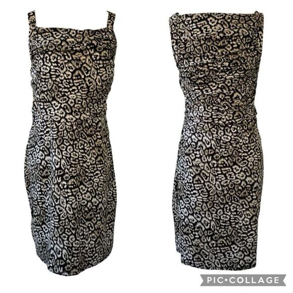 New Ann Taylor Cheetah Black Tan Ruched Flounce Waist Sheath Sz 12P Animal Print - Picture 2 of 12